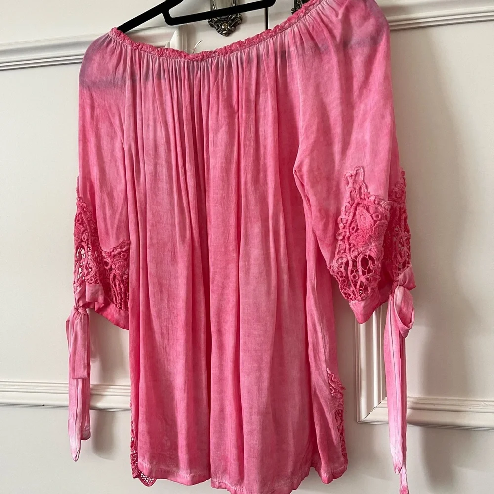 Pink Lace Trim Off-Shoulder Top - Picture 4 of 6